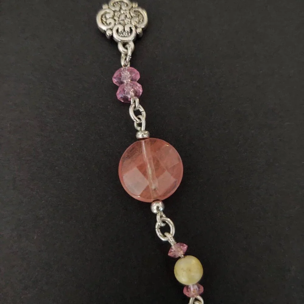 Shades of pink, purple with silver and faux pearl beaded necklace